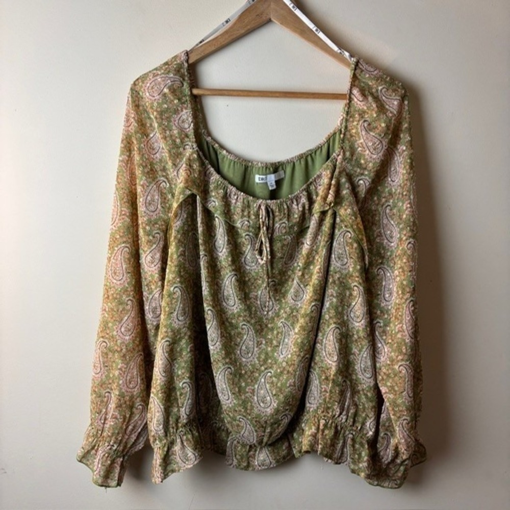 Womens XL Daniel Rainn DR2 Peasant Top Green Paisley Square Neck Tie Peplum Hem